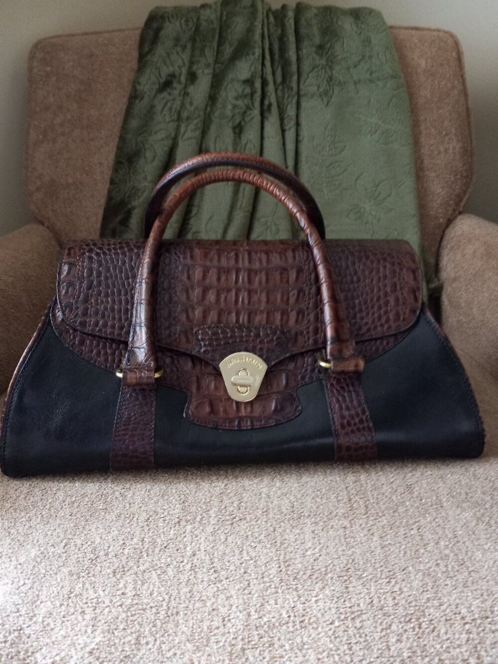 Brahmin Leather Handbag Purse Brown Black Croc Embossed VINTAGE